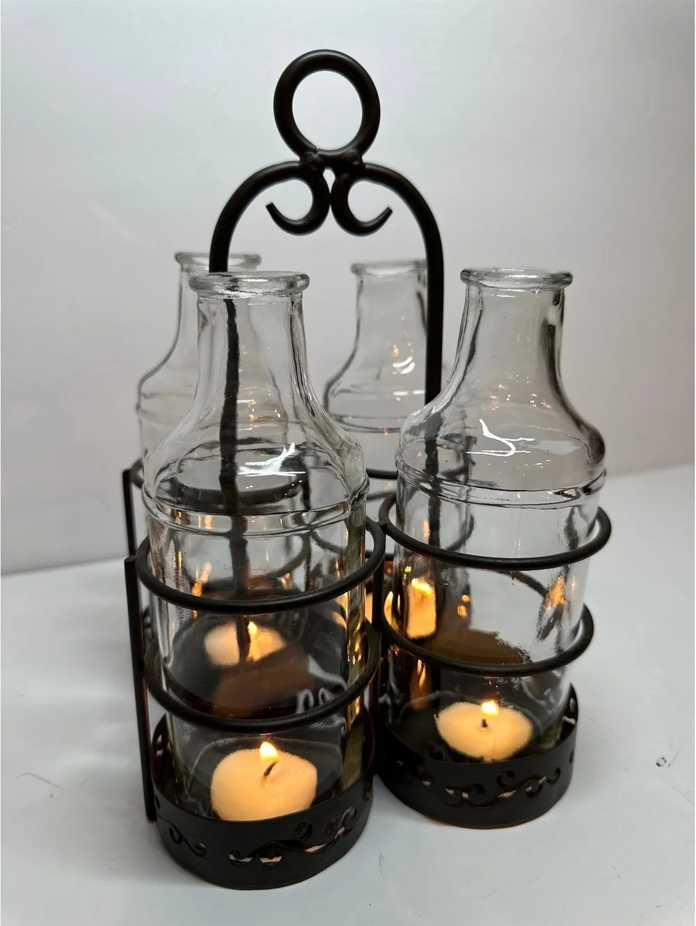 Vintage Rustic Centerpiece 4 Clear Glass Bottles Black Metal Candle Holder